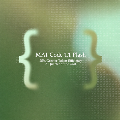 MAI-Code-1.1-Flash announcement with curly braces and performance claims